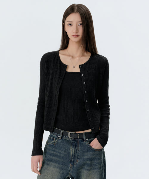 WOMENS SLUB RIBBED TOP CARDIGAN SET #韓韶禧同款! - 4 COLORS BLACK