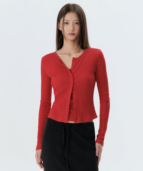 WOMENS SLUB RIBBED TOP CARDIGAN SET #韓韶禧同款! - 4 COLORS RED
