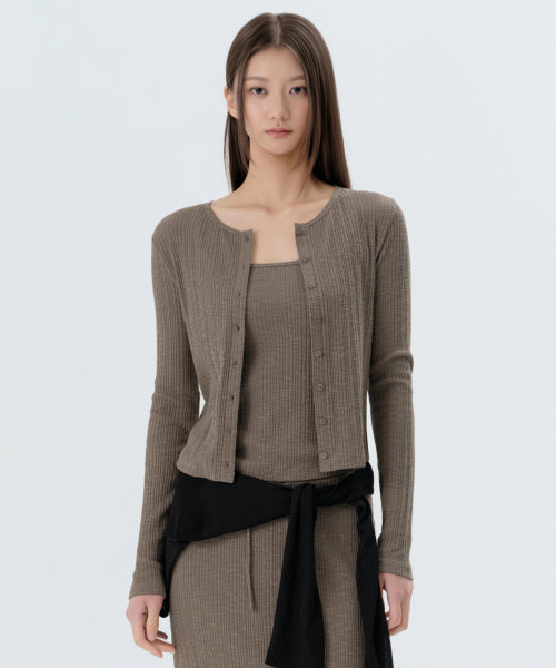 WOMENS SLUB RIBBED TOP CARDIGAN SET #韓韶禧同款! - 4 COLORS TAUPE