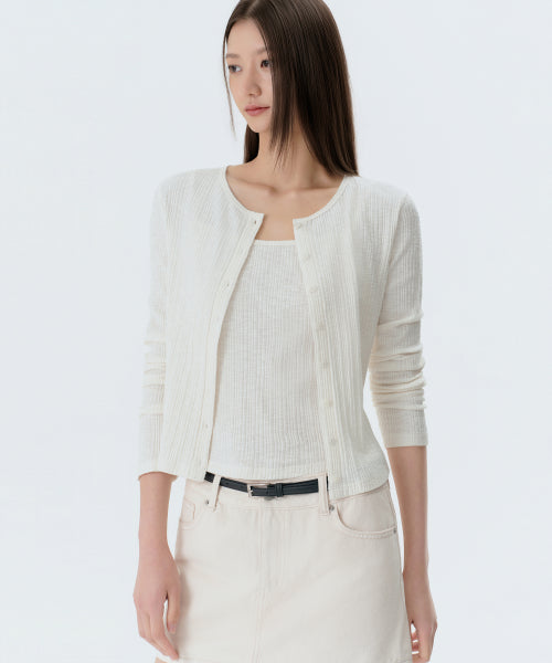 WOMENS SLUB RIBBED TOP CARDIGAN SET #韓韶禧同款! - 4 COLORS IVORY