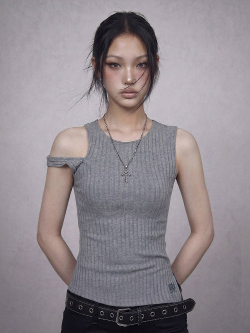 GLAM RIBBED SLEEVELESS TEE - 2 COLORS MELANGE GREY