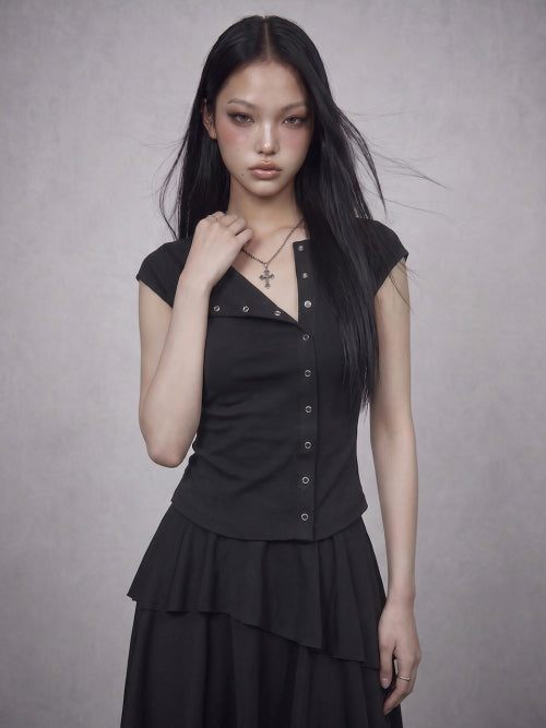 GLAM SNAP BUTTON CAP SLEEVE TEE BLACK
