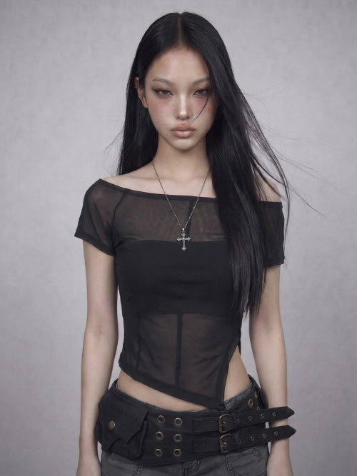 GLAM BACK STRAP SHEER CROP TOP BLACK