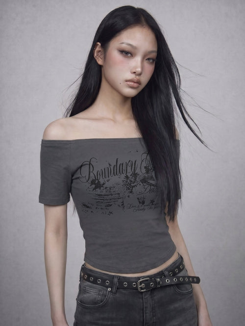 GLAM OFF SHOULDER PRINTED TEE DARK GREY