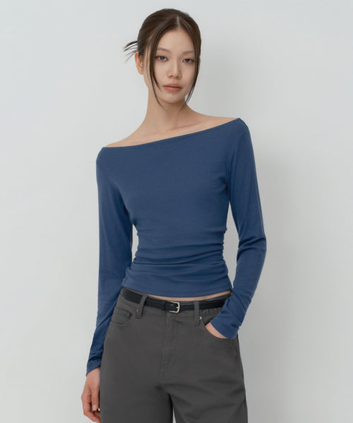 WOMENS WOOL TENCEL OFF SHOULDER LONG SLEEVE TEE #韓韶禧同款! - 4 COLORS BLUE