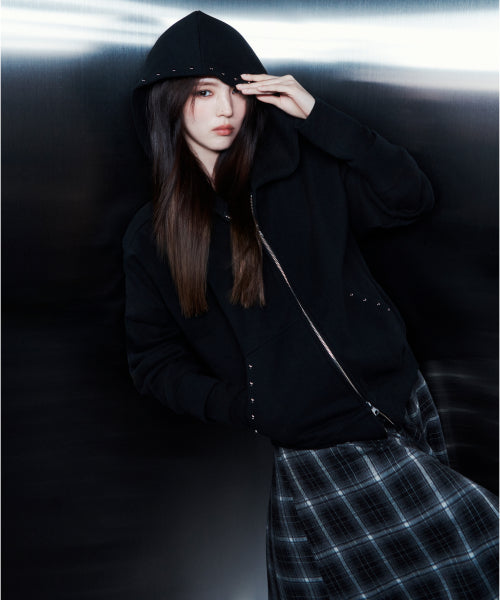 WOMENS STUD HOODED SWEAT ZIP-UP #韓韶禧同款! BLACK