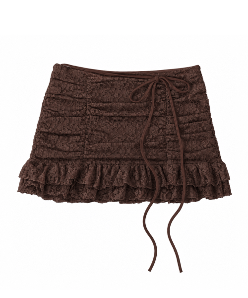 LACE SHIRRING SKIRT - 3 COLORS BROWN