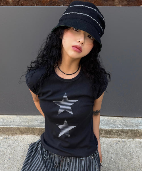 STRIPE STAR SLEEVE T-SHIRT - 3 COLORS CHARCOAL