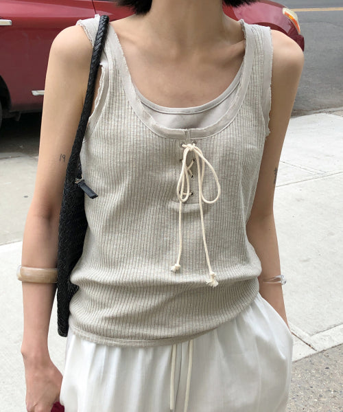 LACE-UP RIBBED SLEEVELESS - 2 COLORS BEIGE