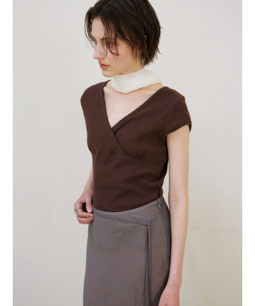 SCALLOP NECK WRAP T-SHIRT - 2 COLORS BROWN