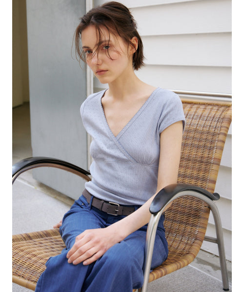 SCALLOP NECK WRAP T-SHIRT - 2 COLORS SKY BLUE