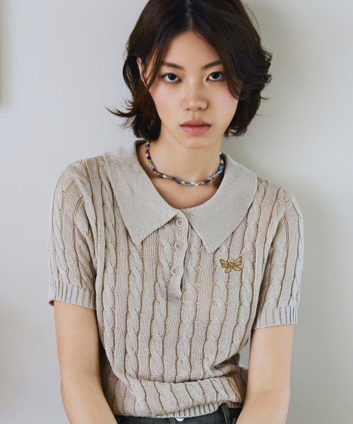 SHORT SLEEVE COLLAR KNIT - 2 COLORS BEIGE
