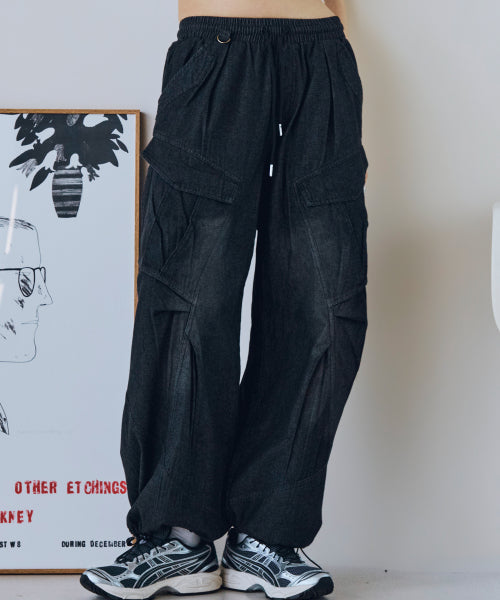 WASHED BALLOON CARGO DENIM PANTS - 2 COLORS BLACK