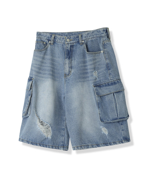 WIDE CARGO HALF DENIM SHORTS - 2 COLORS BLUE