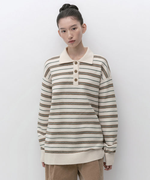 WOMENS MULTI STRIPE COLLARED TUNIC KNIT #韓韶禧同款! - 3 COLORS CREAM