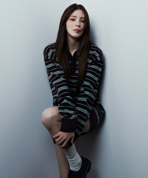 WOMENS MULTI STRIPE COLLARED TUNIC KNIT #韓韶禧同款! - 3 COLORS BURGUNDY