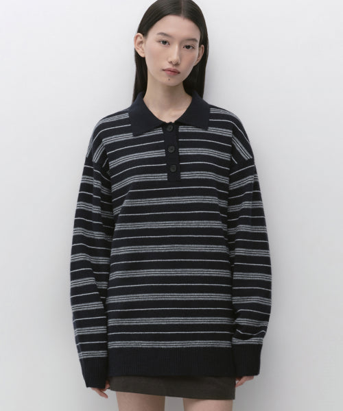 WOMENS MULTI STRIPE COLLARED TUNIC KNIT #韓韶禧同款! - 3 COLORS NAVY