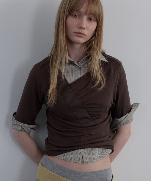 SHIRRING V-NECK TOP_BEIGE - 2 COLORS BROWN