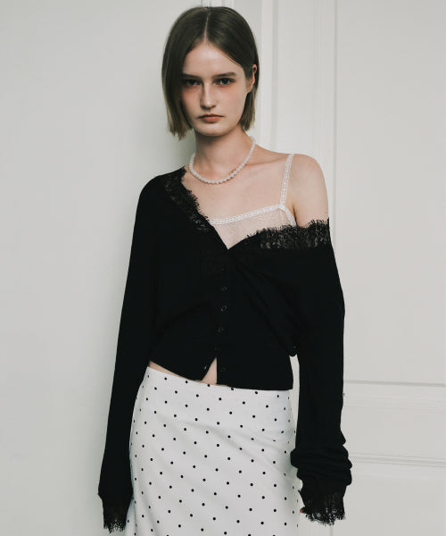 LACE V-NECK KNIT CARDIGAN TOP #徐睿知同款! - 2 COLORS BLACK