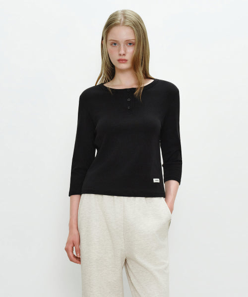 W BASIC HENLEY NECK 3 4 SLEEVE HEATHER - 4 COLORS BLACK