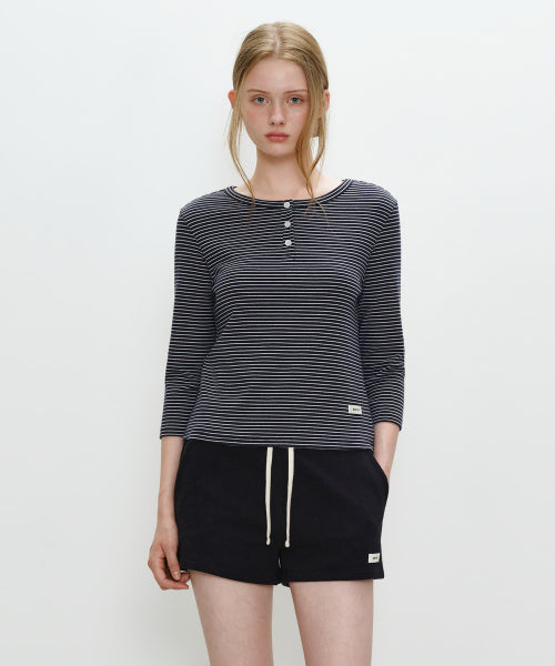 W BASIC HENLEY NECK 3 4 SLEEVE HEATHER - 4 COLORS NAVY