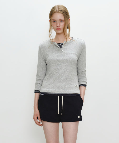 W BASIC HENLEY NECK 3 4 SLEEVE - 4 COLORS GREY
