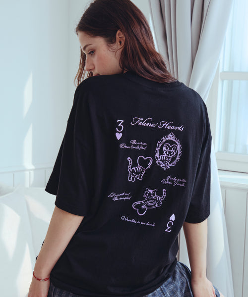 CAT EMBROIDERY SHORT SLEEVE TEE - 2 COLORS BLACK