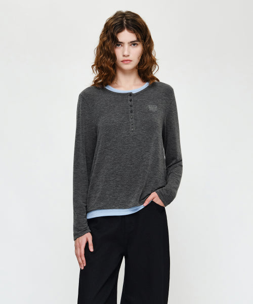 W HENLEY NECK LAYERED LONG SLEEVE TEE - 2 COLORS CHARCOAL