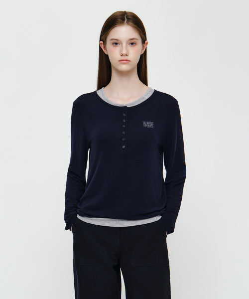 W HENLEY NECK LAYERED LONG SLEEVE TEE - 2 COLORS NAVY