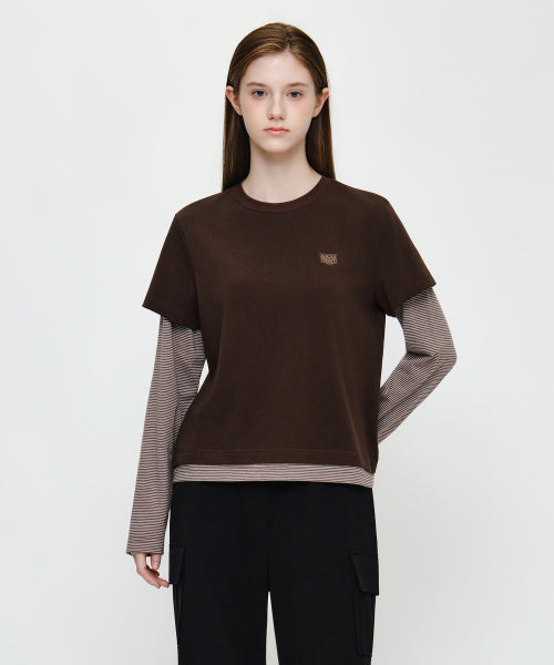W HALF SLEEVE LAYERED LONG SLEEVE TEE - 2 COLORS BROWN