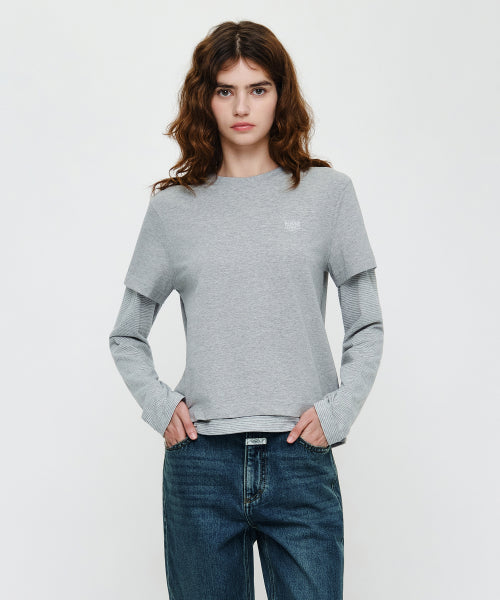 W HALF SLEEVE LAYERED LONG SLEEVE TEE - 2 COLORS GREY