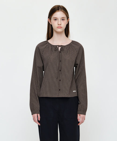 W CHECK RIBBON CROP BLOUSE - 2 COLORS BROWN