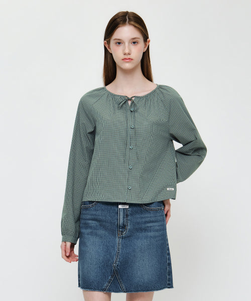 W CHECK RIBBON CROP BLOUSE - 2 COLORS BLUE