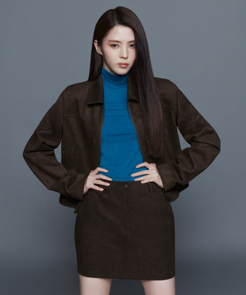 WOMENS SYNTHETIC SUEDE SINGLE JACKET #韓韶禧同款! - 2 COLORS BROWN