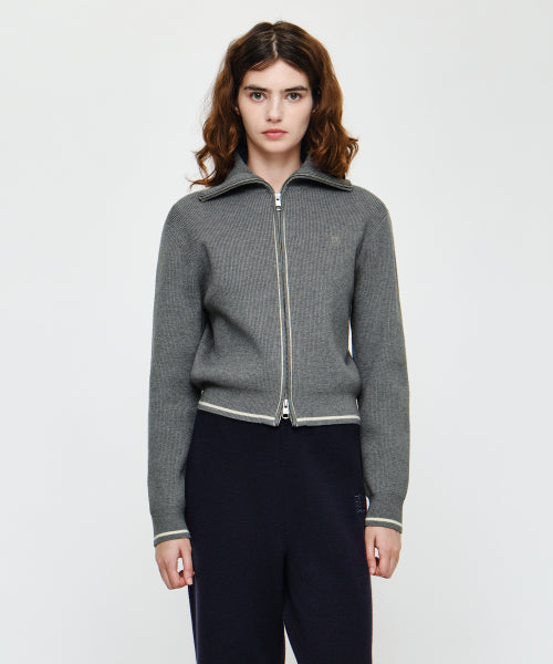 W BIG COLLAR CROP ZIP UP CARDIGAN - 2 COLORS MELANGE GREY