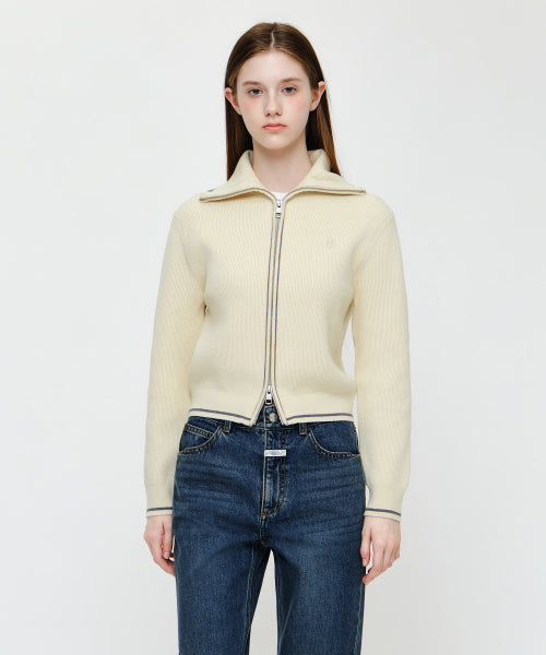W BIG COLLAR CROP ZIP UP CARDIGAN - 2 COLORS IVORY