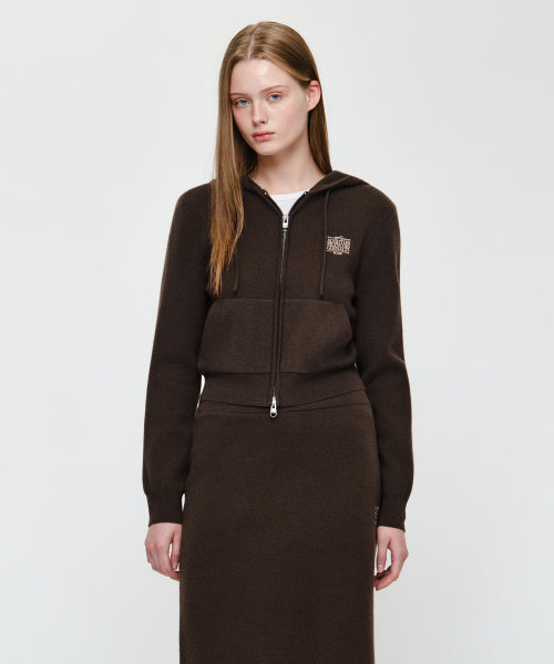 W RIBBON CLASSIC LOGO CROP KNIT HOODIE ZIPUP - 3 COLORS BROWN