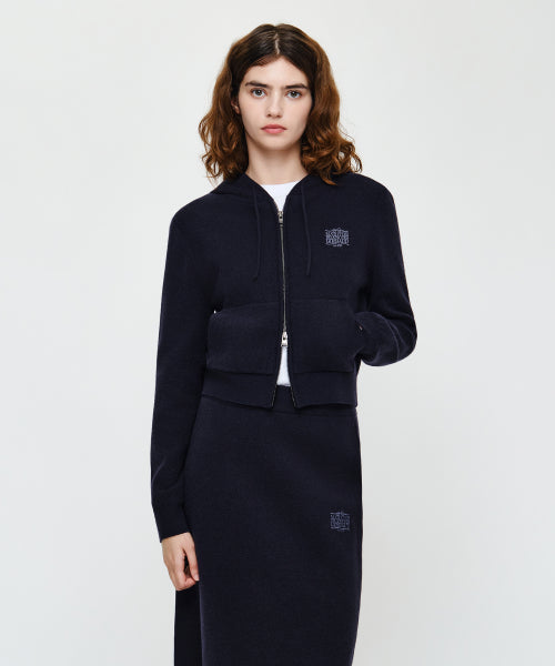 W RIBBON CLASSIC LOGO CROP KNIT HOODIE ZIPUP - 3 COLORS NAVY