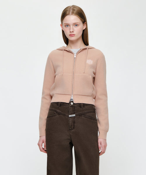 W RIBBON CLASSIC LOGO CROP KNIT HOODIE ZIPUP - 3 COLORS PINK