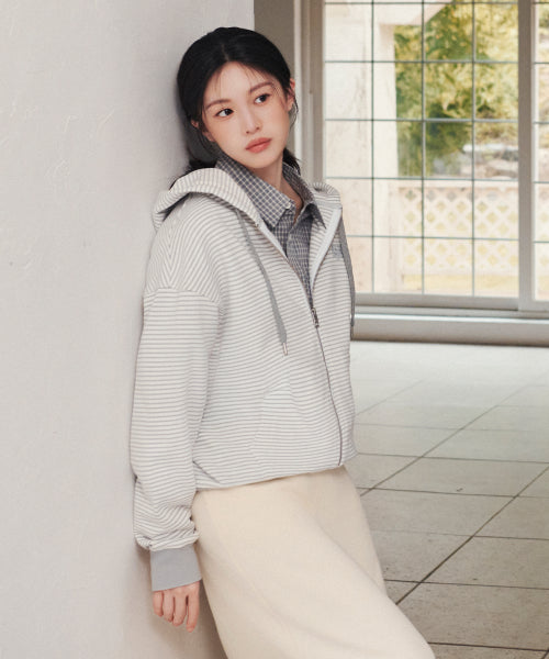 SMALL CLASSIC LOGO STRIPE OVERSIZED HOODIE ZIPUP - 3 COLORS LIGHT GREY