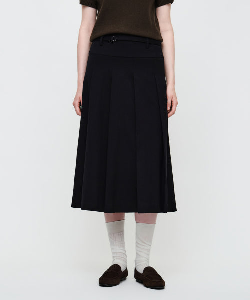 W BELTED PLEATS MIDI SKIRT - 2 COLORS BLACK