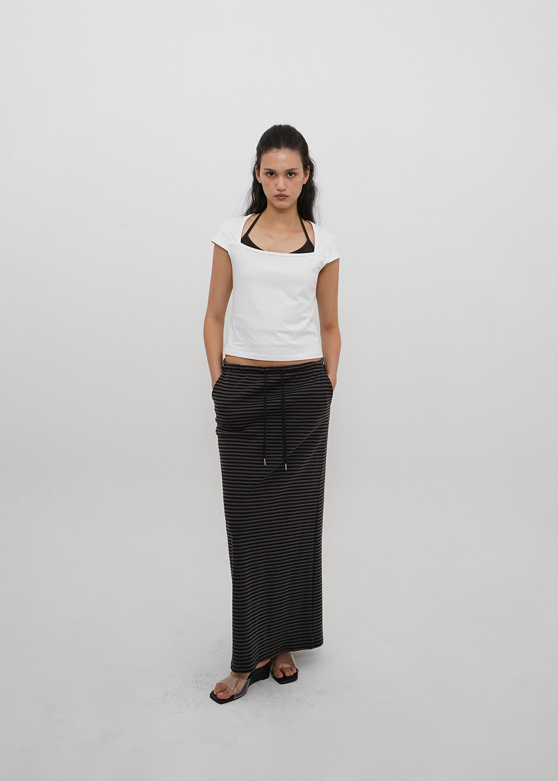 STRETCH COTTON SQUARE NECK CAP SLEEVE SHORT SLEEVE TEE 6