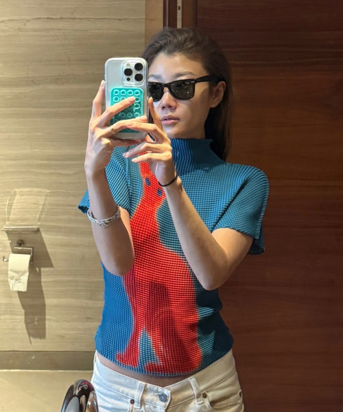 PLEATED GRAPHIC T SHIRT - 3 COLORS BLUE