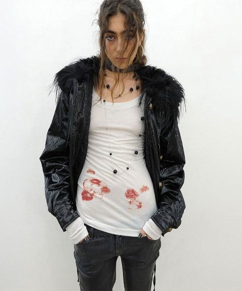 GLOSSY FUR TRIM JACKET - 2 COLORS BLACK