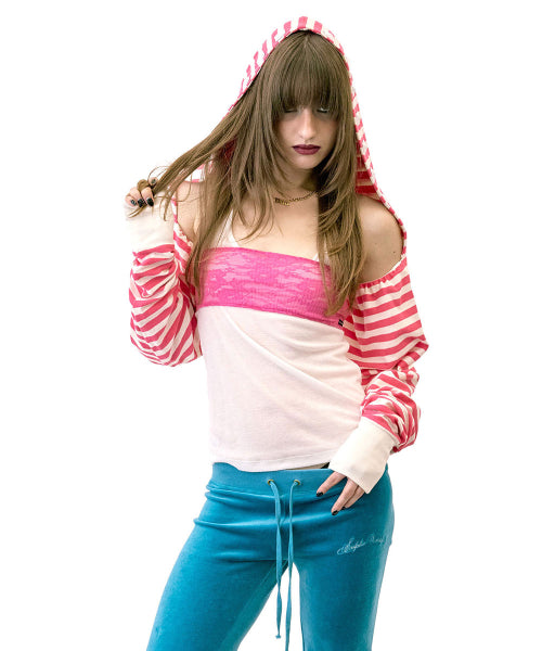 HOODED STRIPE SCARF BOLERO ACID PINK
