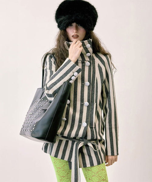 WOOL TRENCH HALF COAT GRAY STRIPE AS SHOWN