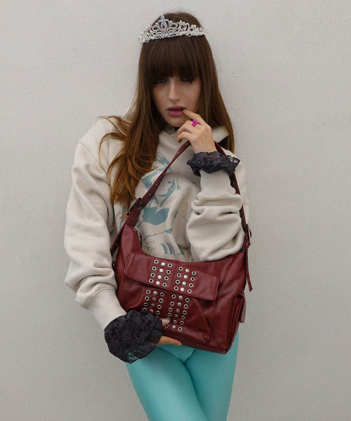 STUD EYELET SHOULDER BAG - 3 COLORS RED