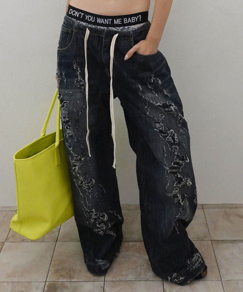 DISTRESSED LAYERED JEANS FADED - 2 COLORS BLACK