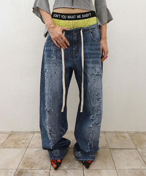 DISTRESSED LAYERED JEANS FADED - 2 COLORS BLUE