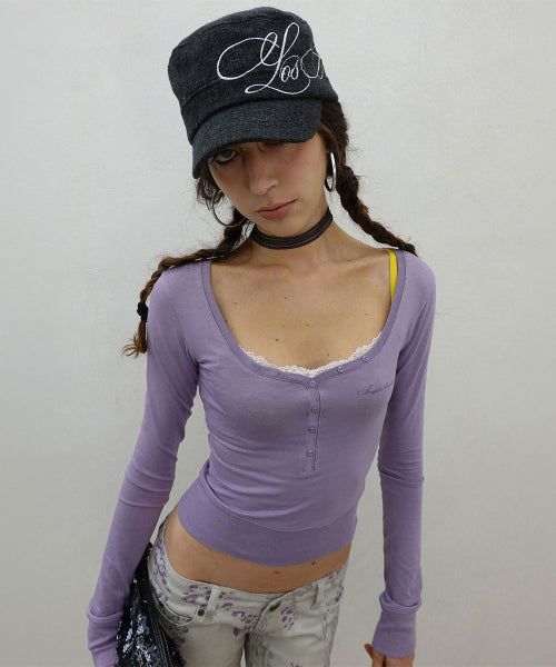 LACE TRIM HENLEY TOP UBE PURPLE